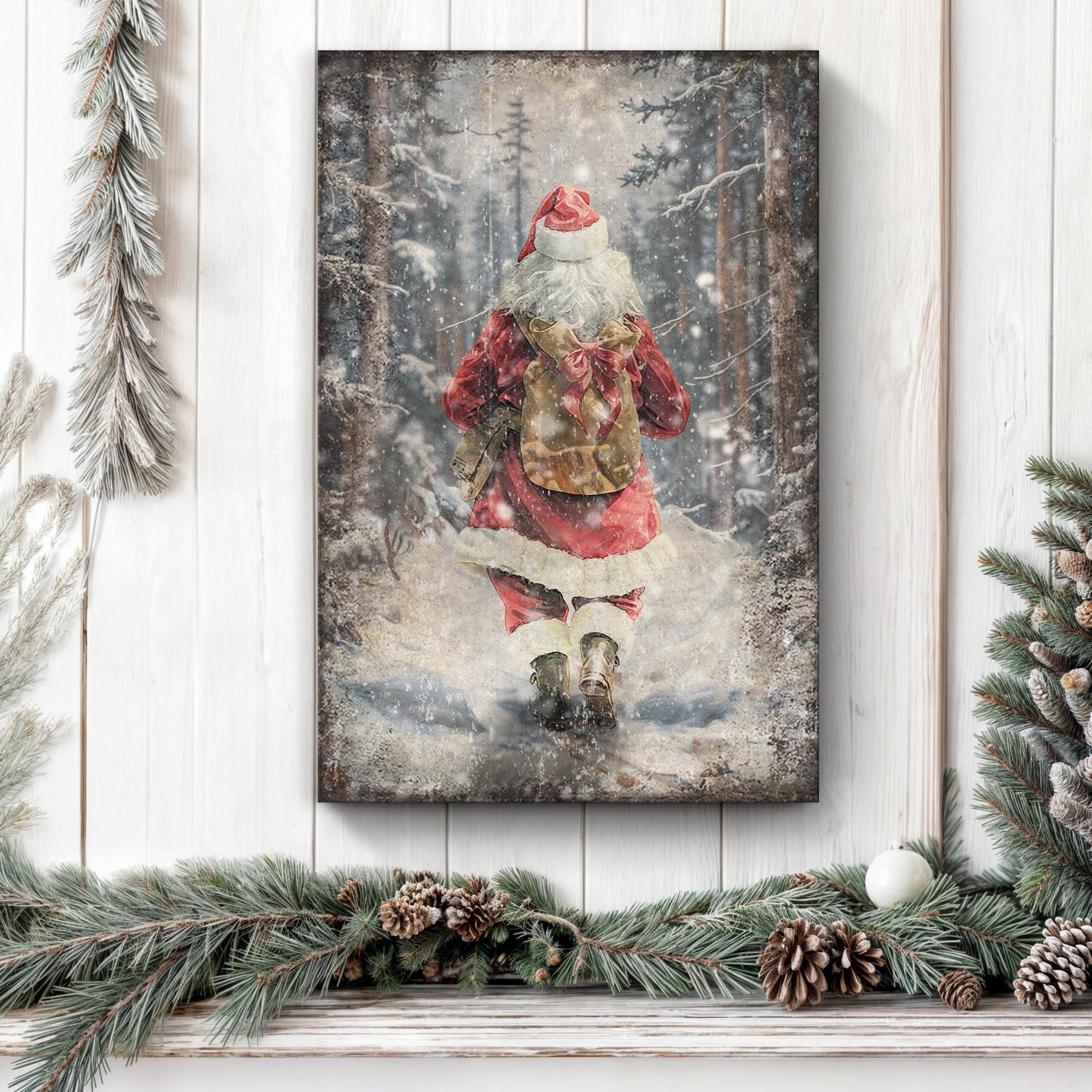 Vintage Santa Claus in Winter Forest Christmas Wall Art II canvas by Tailored Canvases, snowy forest scene on Tampa Home & Garden Store