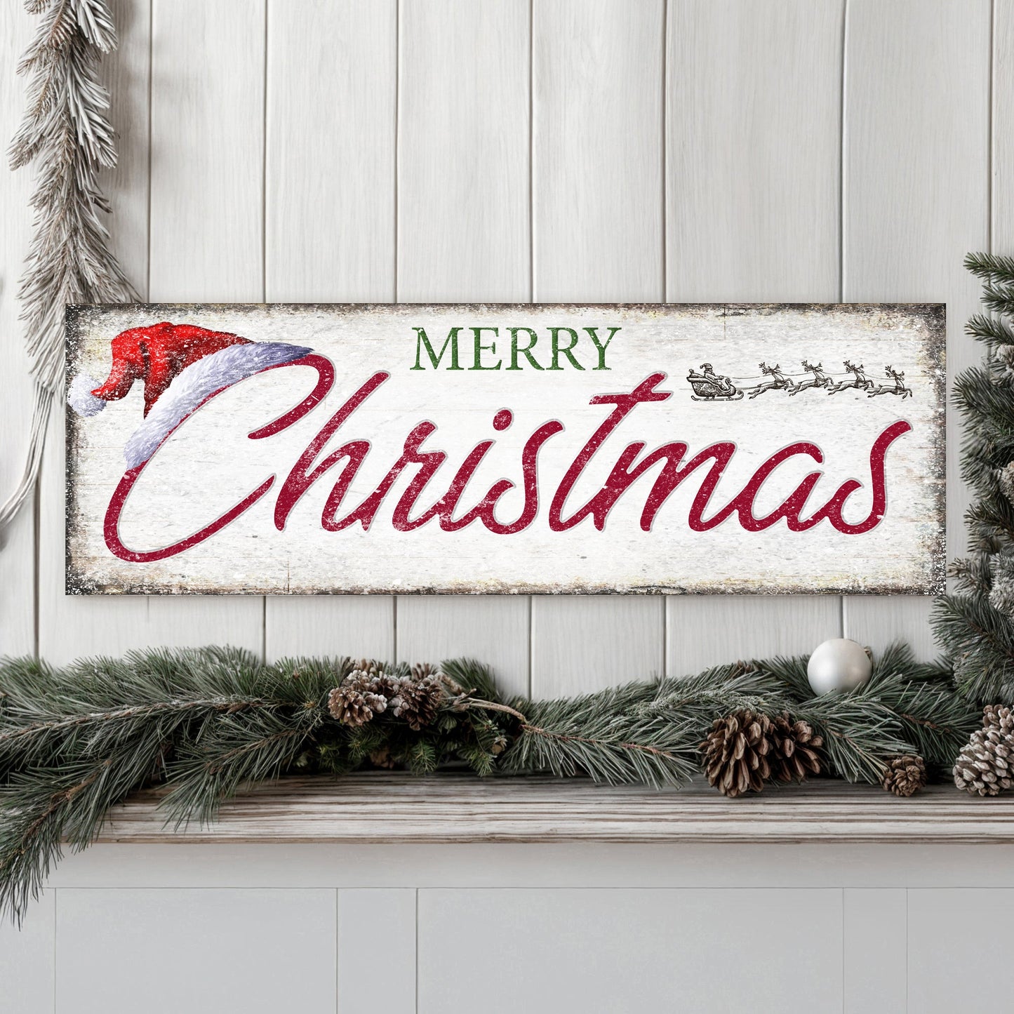 Vintage Merry Christmas Sign IV canvas by Tailored Canvases with red script and snowy edges on Tampa Home & Garden Store
