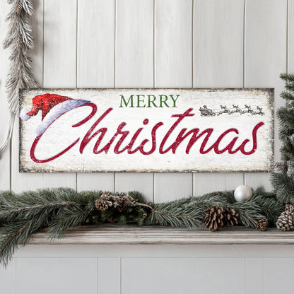 Vintage Merry Christmas Sign IV canvas by Tailored Canvases with red script and snowy edges on Tampa Home & Garden Store