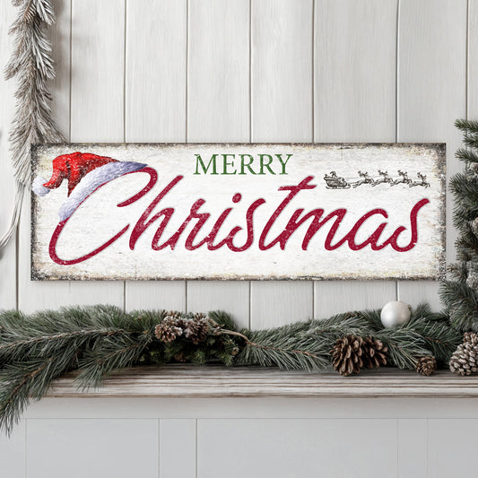 Vintage Merry Christmas Sign IV canvas by Tailored Canvases with red script and snowy edges on Tampa Home & Garden Store