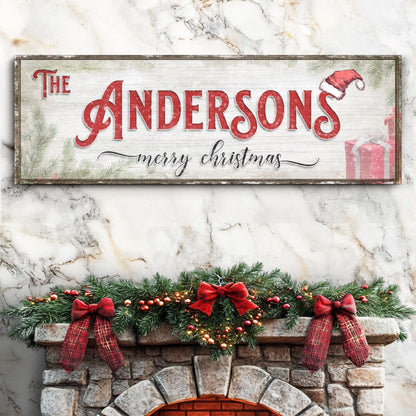 Canvas Christmas family name sign V by Tailored Canvases with The Andersons in red text Santa hat on Tampa Home & Garden Store