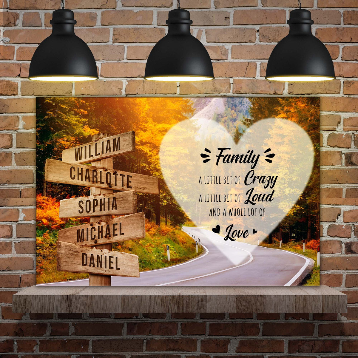 A Lot of Love Family Names Sign II canvas Tailored Canvases rustic name boards on autumn road on Tampa Home & Garden Store