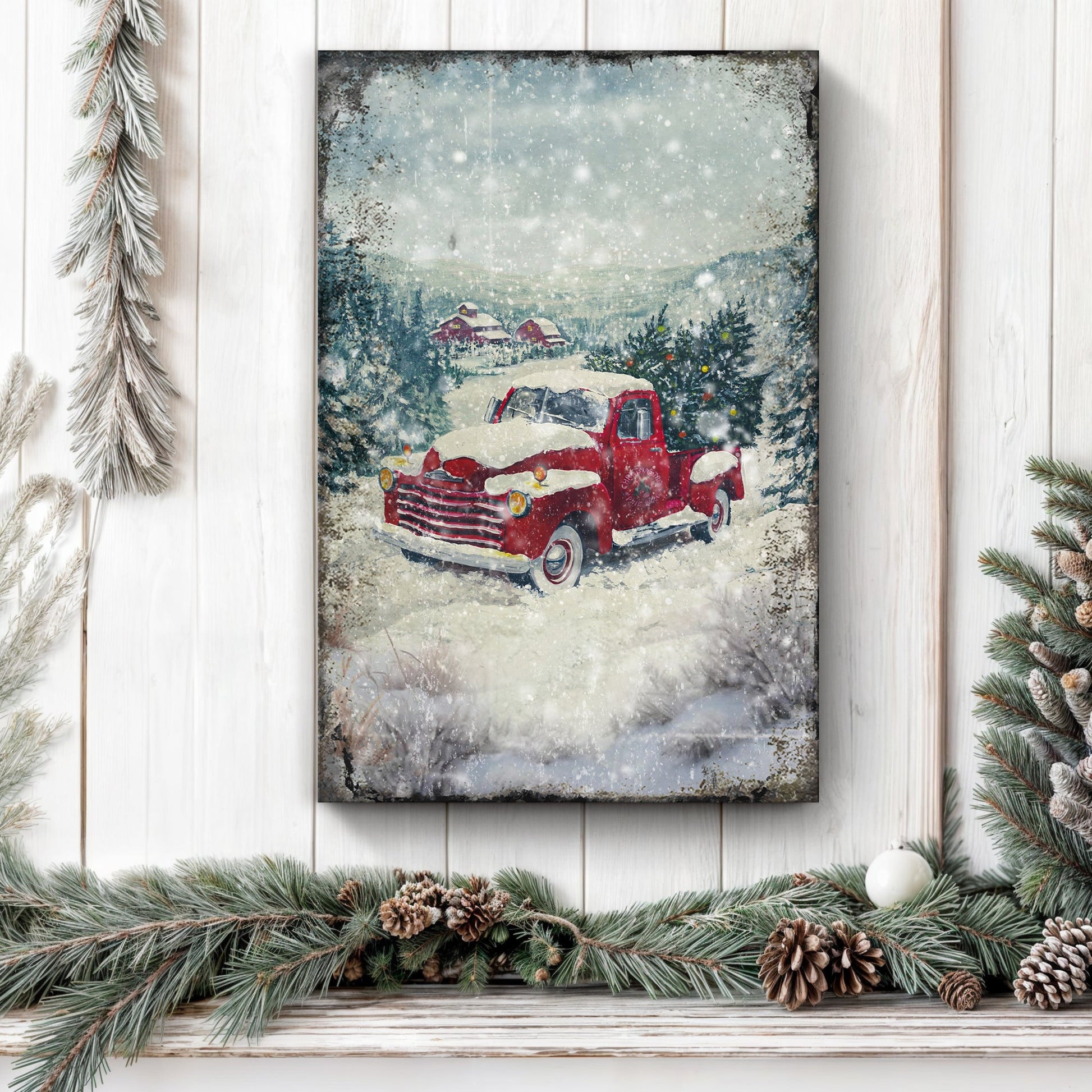 Vintage Truck With Christmas Tree Wall Art II canvas by Tailored Canvases in snow on Tampa Home & Garden Store