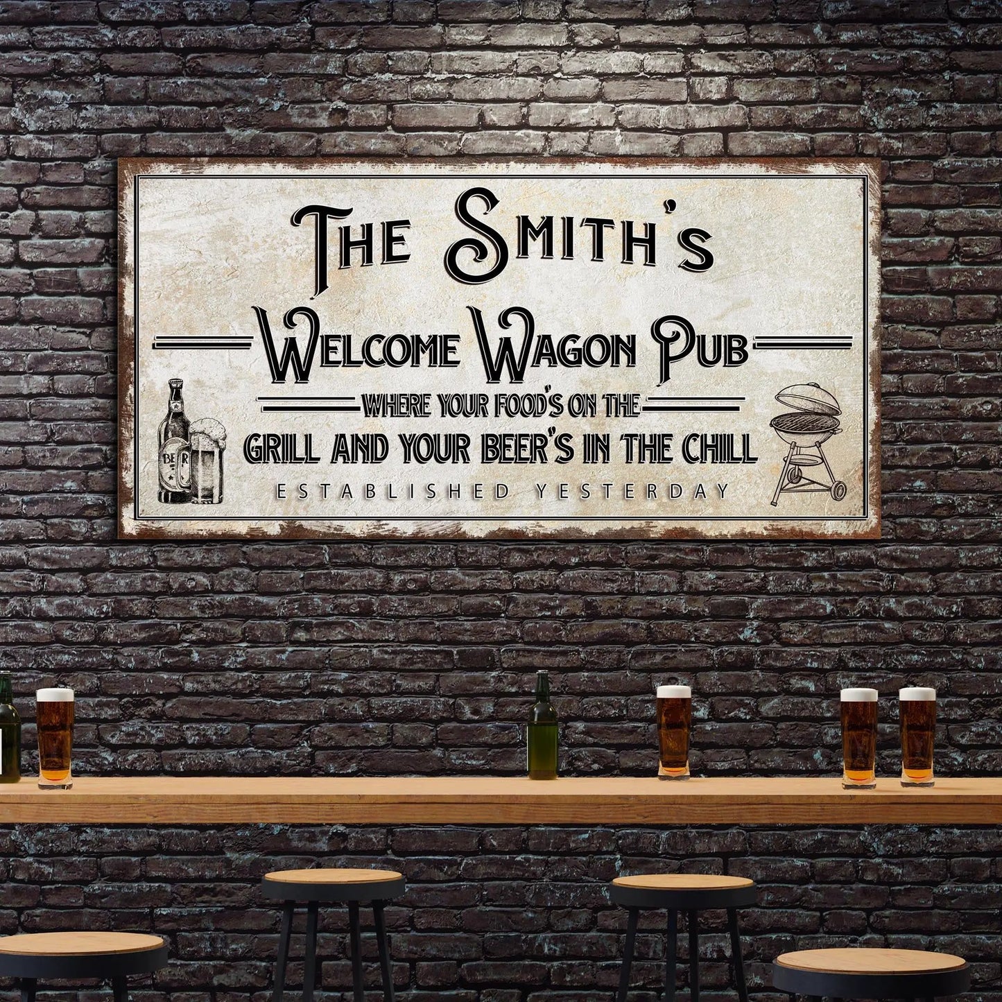 Welcome Wagon Pub canvas sign by Tailored Canvases with beer bottle and grill illustrations on brick wall on Tampa Home & Garden Store
