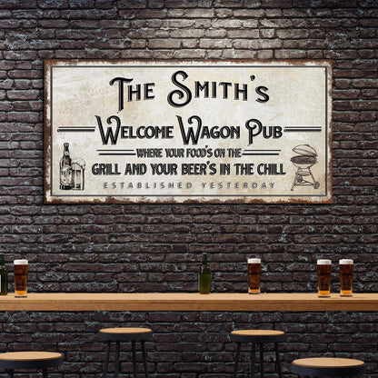 Welcome Wagon Pub canvas sign by Tailored Canvases with beer bottle and grill illustrations on brick wall on Tampa Home & Garden Store