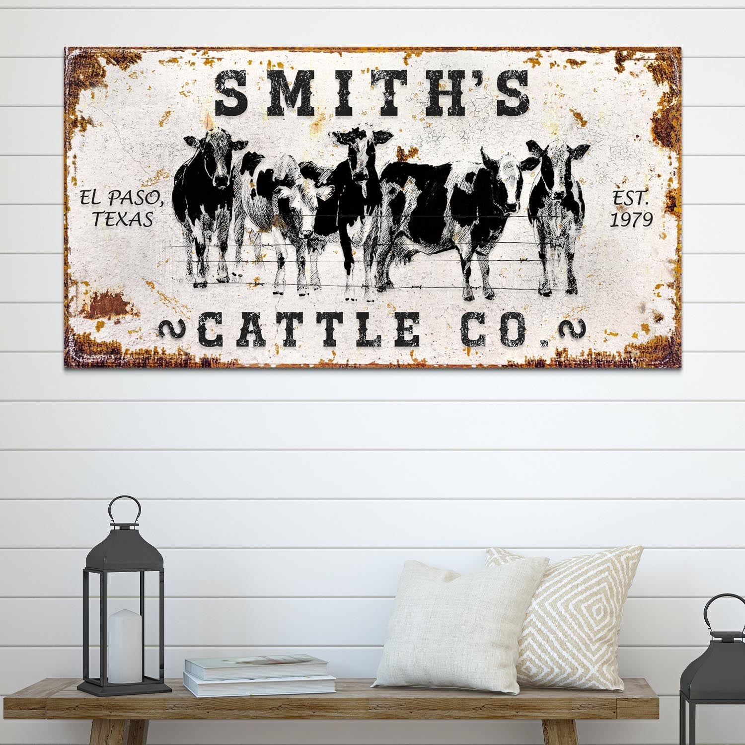 Personalized Cattle Sign II canvas with rustic distressed finish and black cow silhouettes on Tampa Home & Garden Store