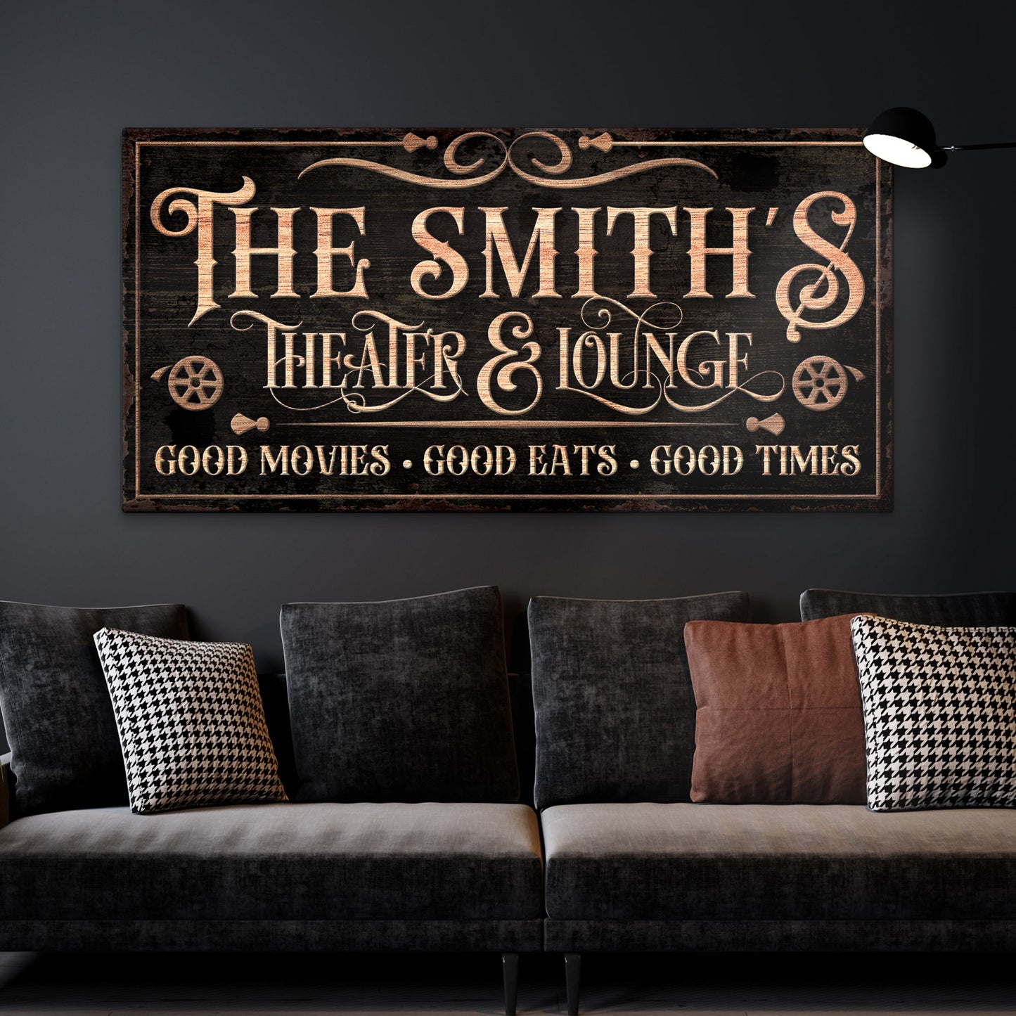 Personalized Theater Sign canvas with copper lettering on distressed black wood background on Tampa Home & Garden Store