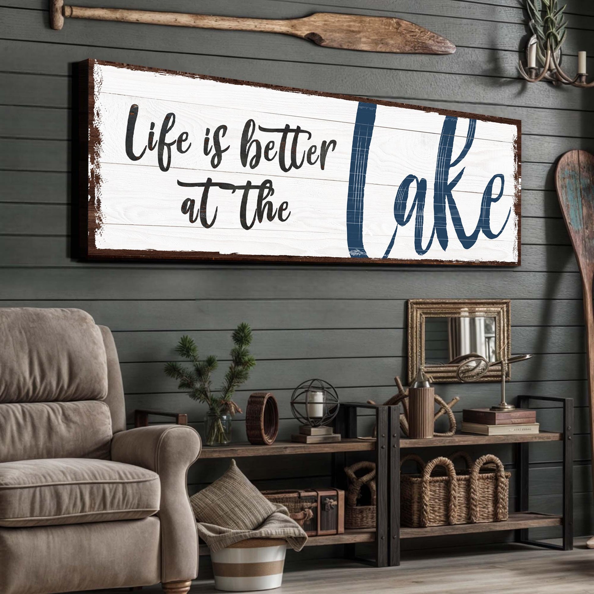 Life Is Better At The Lake Sign II canvas wall art white planks with blue lettering on Tampa Home & Garden Store