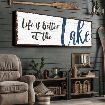 Life Is Better At The Lake Sign II canvas wall art white planks with blue lettering on Tampa Home & Garden Store