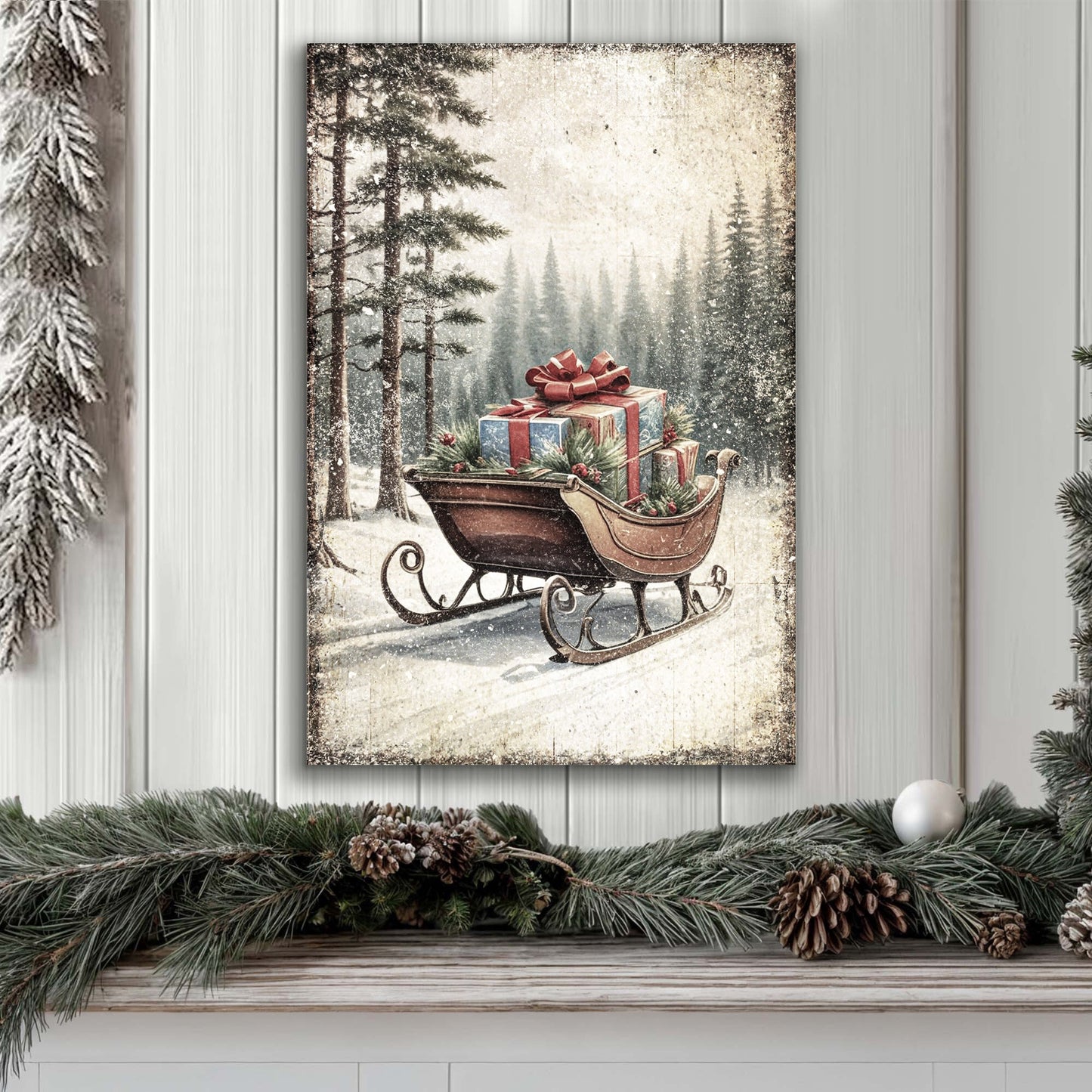 Vintage Christmas Sleigh Sled Wall Art III canvas by Tailored Canvases snowy forest with gifts on Tampa Home & Garden Store