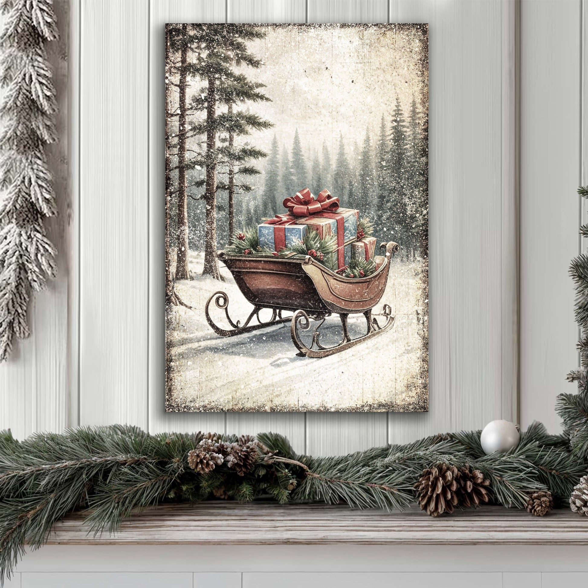 Vintage Christmas Sleigh Sled Wall Art III canvas by Tailored Canvases snowy forest with gifts on Tampa Home & Garden Store