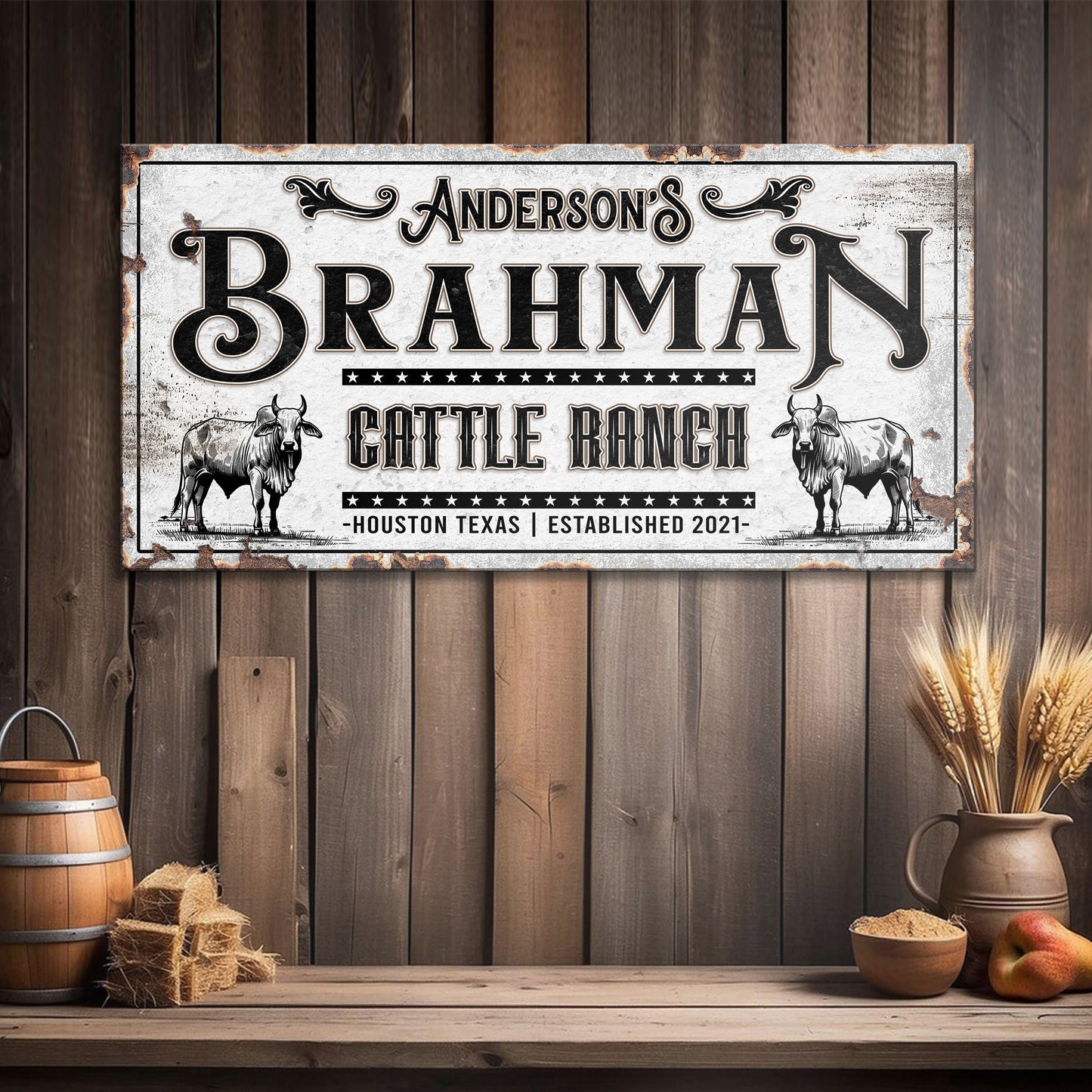 Canvas sign Brahman Cattle Sign Tailored Canvases with BRAHMAN lettering and cow artwork on Tampa Home & Garden Store