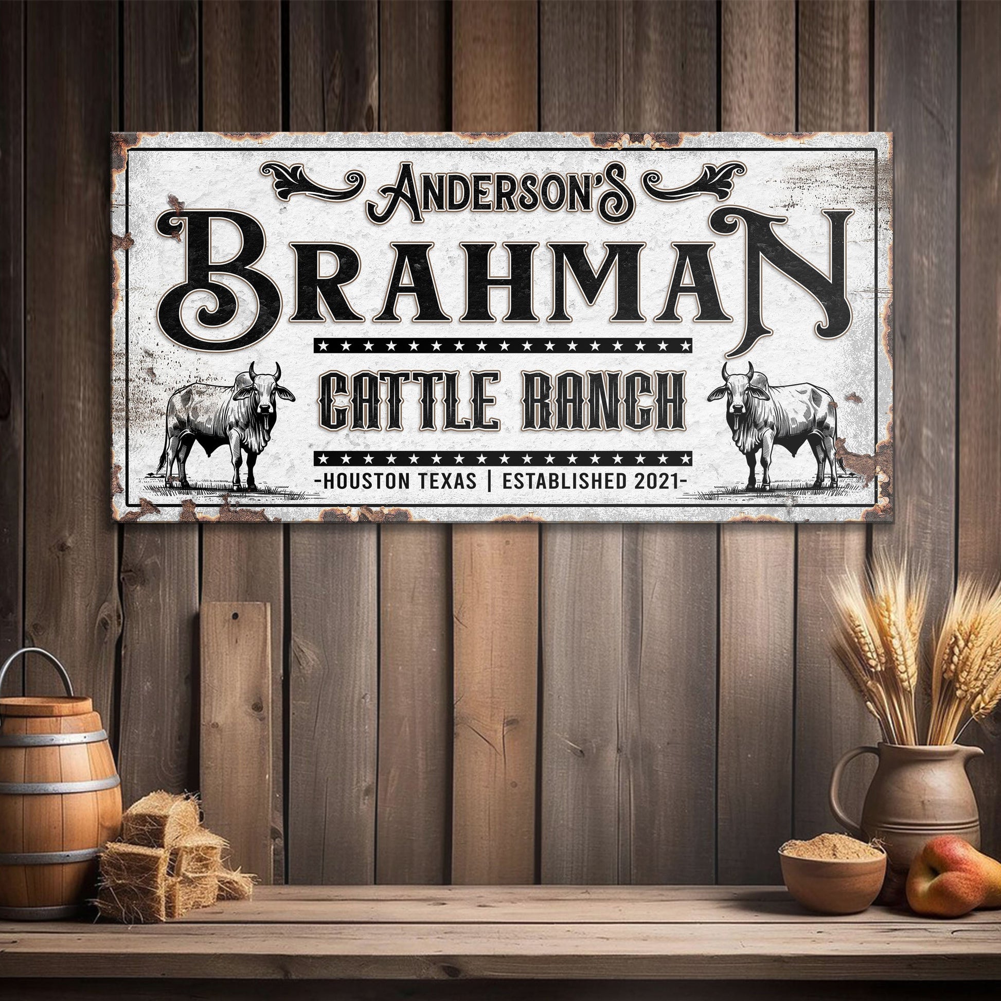 Canvas sign Brahman Cattle Sign Tailored Canvases with BRAHMAN lettering and cow artwork on Tampa Home & Garden Store