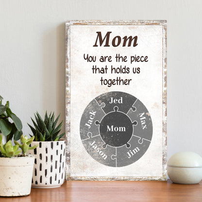 Mom personalized puzzle sign canvas decor by Tailored Canvases in rustic framed craft sign on Tampa Home & Garden Store