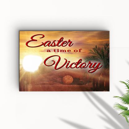 Canvas sign A Time Of Victory by Tailored Canvases with red script on sunset background on Tampa Home & Garden Store
