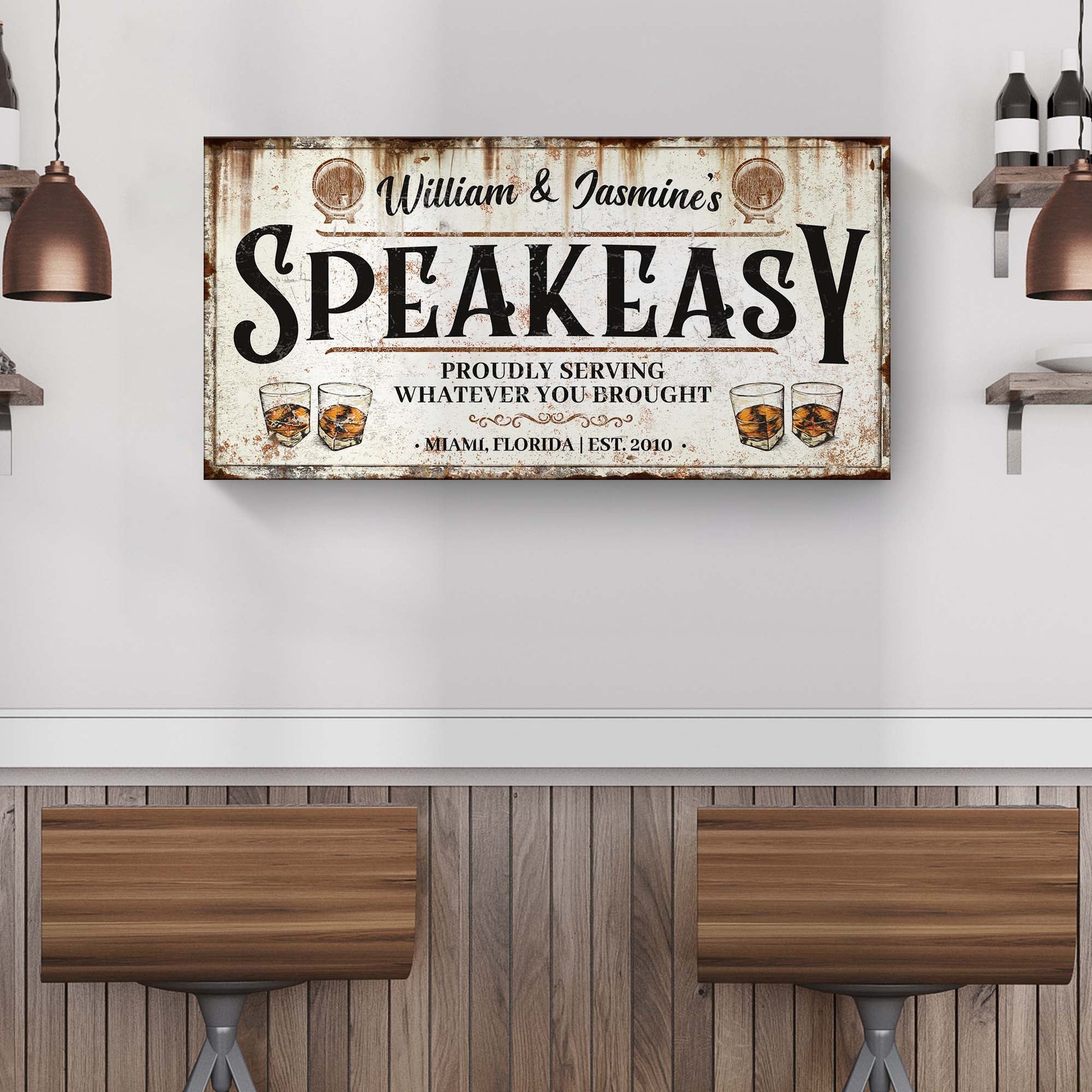 Speakeasy Sign V canvas by Tailored Canvases, large black SPEAKEASY lettering on a distressed rust sign on crafting canvas on Tampa Home & Garden Store