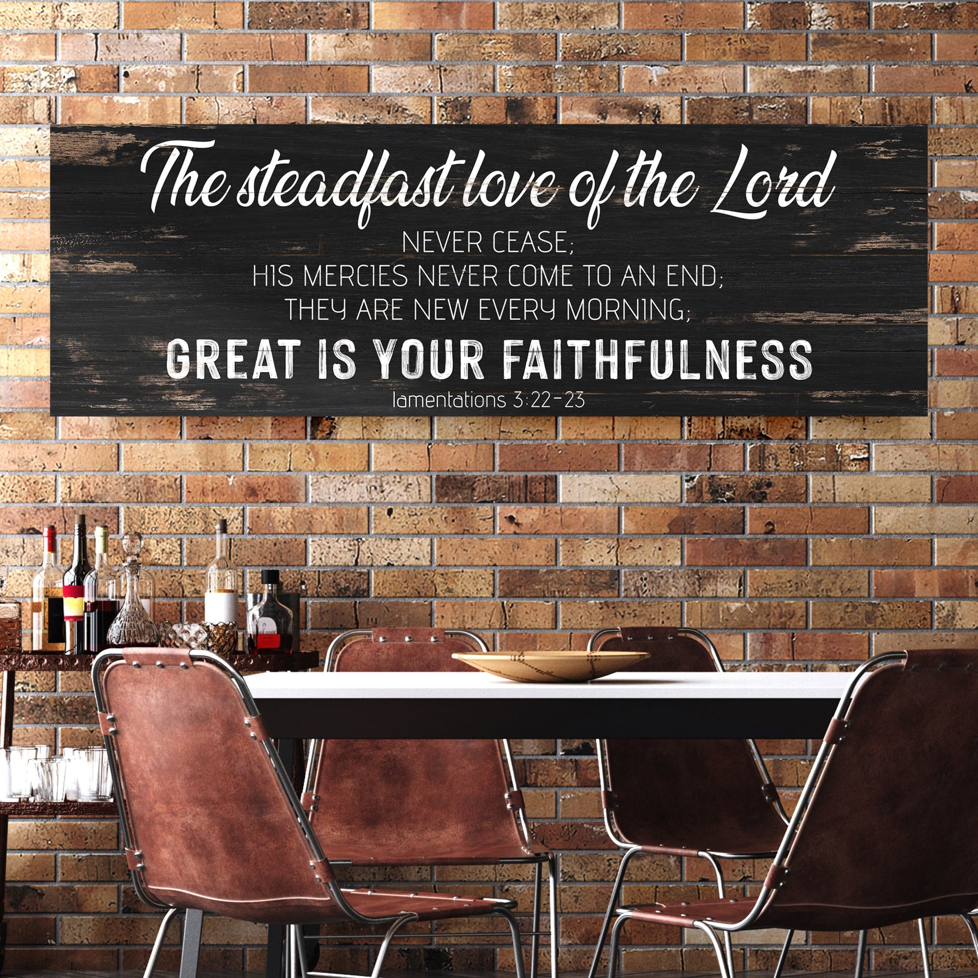 Canvas sign Steadfast Love of the Lord Lamentations 3:22-23 Tailored Canvases on black wood on Tampa Home & Garden Store