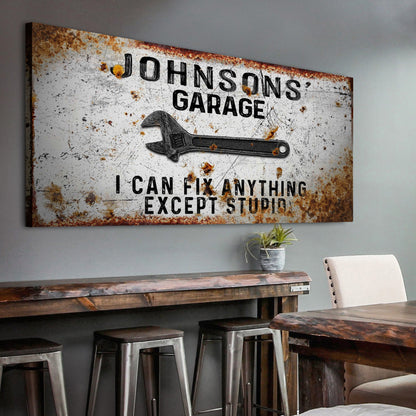 Garage Sign canvas by Tailored Canvases featuring rusted metal texture and wrench graphic on Tampa Home & Garden Store