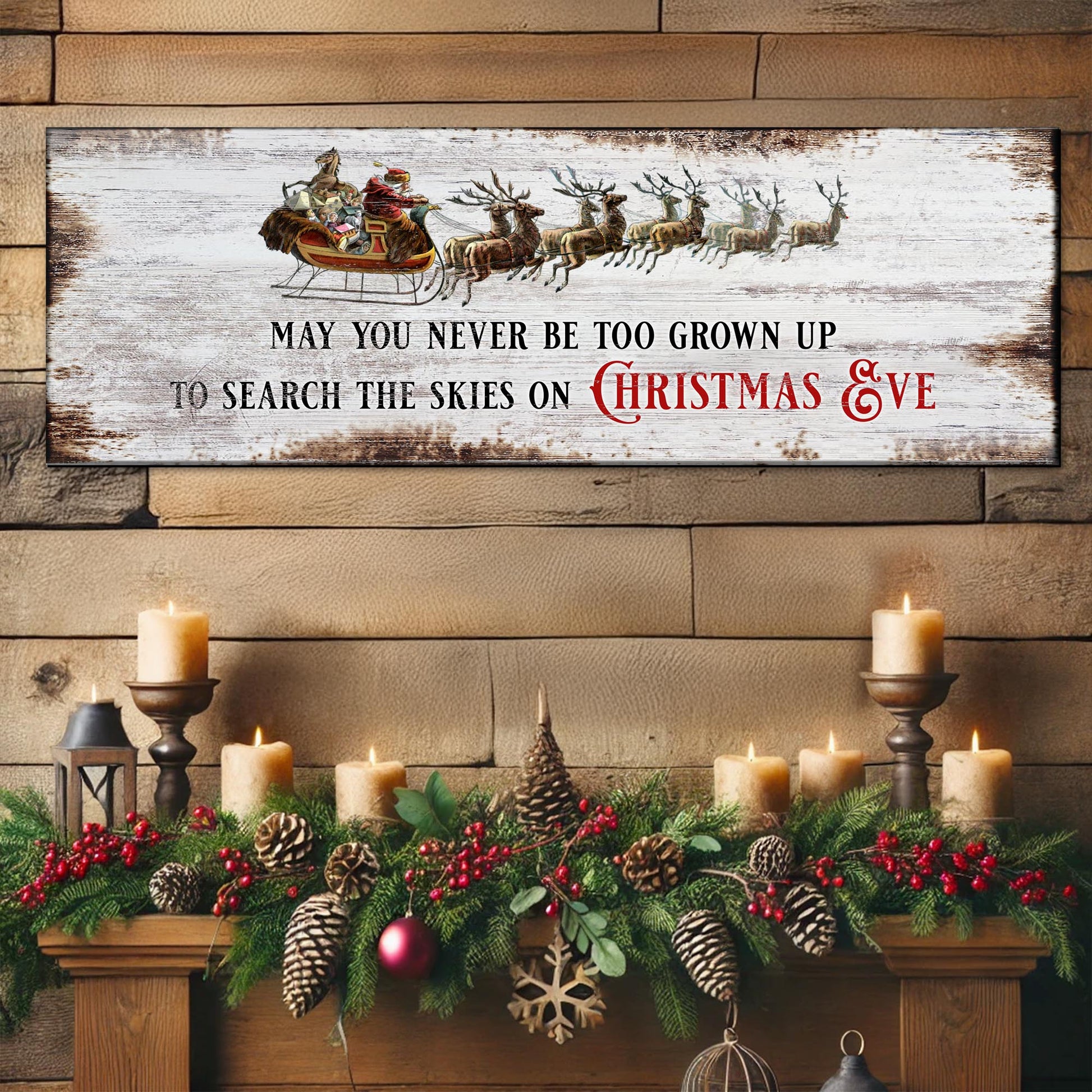 Canvas sign by Tailored Canvases showing Santa sleigh and reindeer on distressed white on Tampa Home & Garden Store