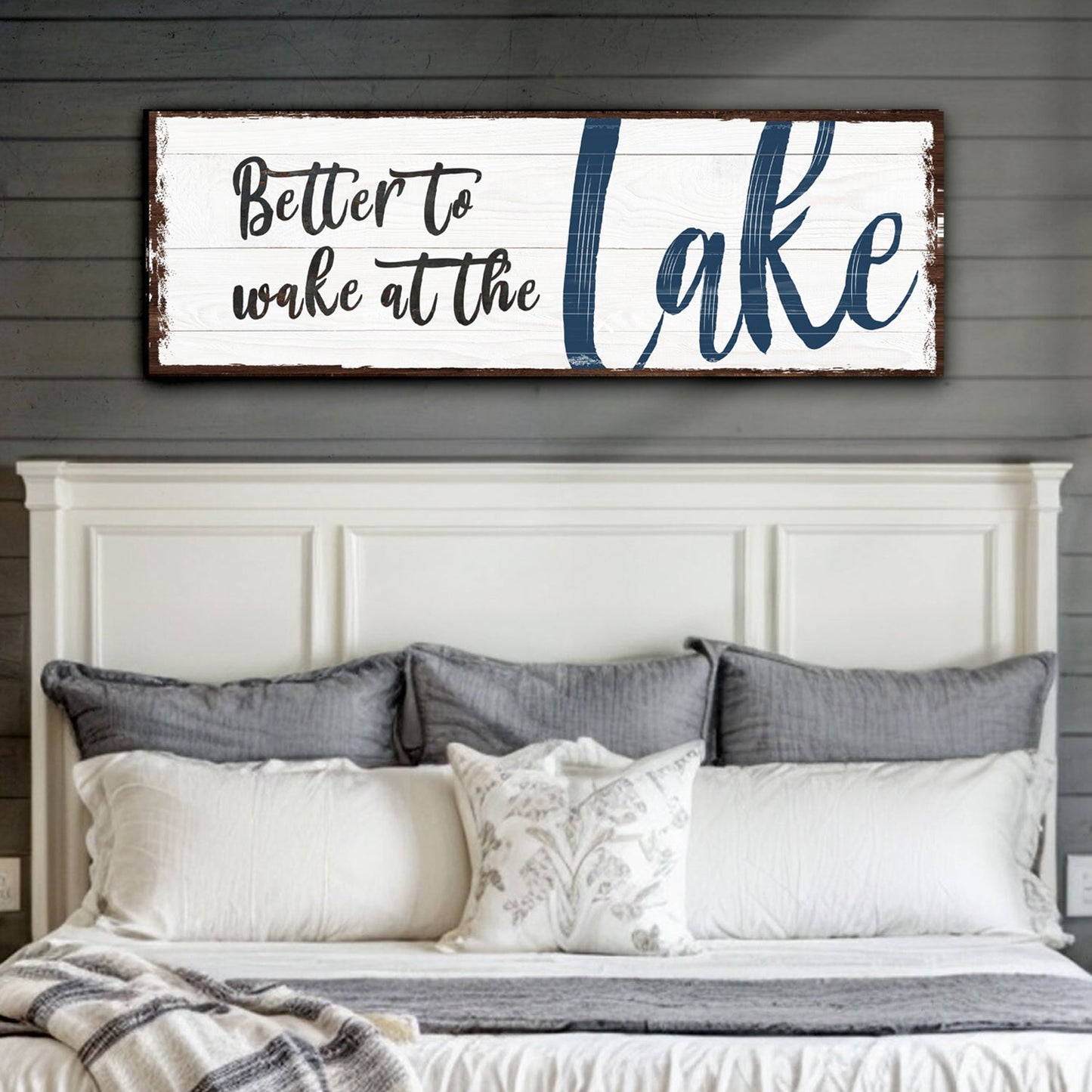 Canvas sign Better To Wake At The Lake by Tailored Canvases, wood plank with blue Lake script on Tampa Home & Garden Store