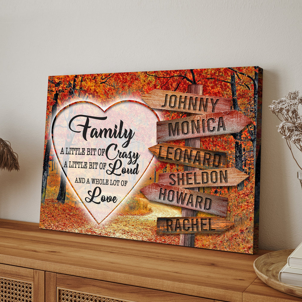 Family Names Sign III canvas with fall leaves and four names JOHNNY MONICA LEONARD HOWARD on Tampa Home & Garden Store