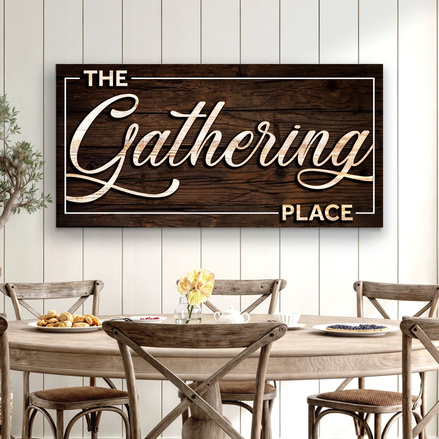 The Gathering Place canvas sign on dark wood grain with border and script Tailored Canvases on Tampa Home & Garden Store