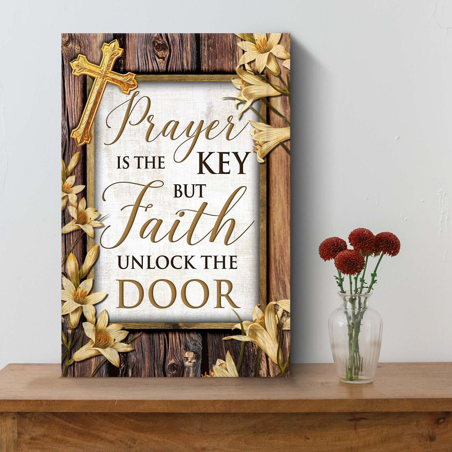 Canvas Faith Sign II by Tailored Canvases, rustic wood frame with gold cross and dried floral accents on Tampa Home & Garden Store