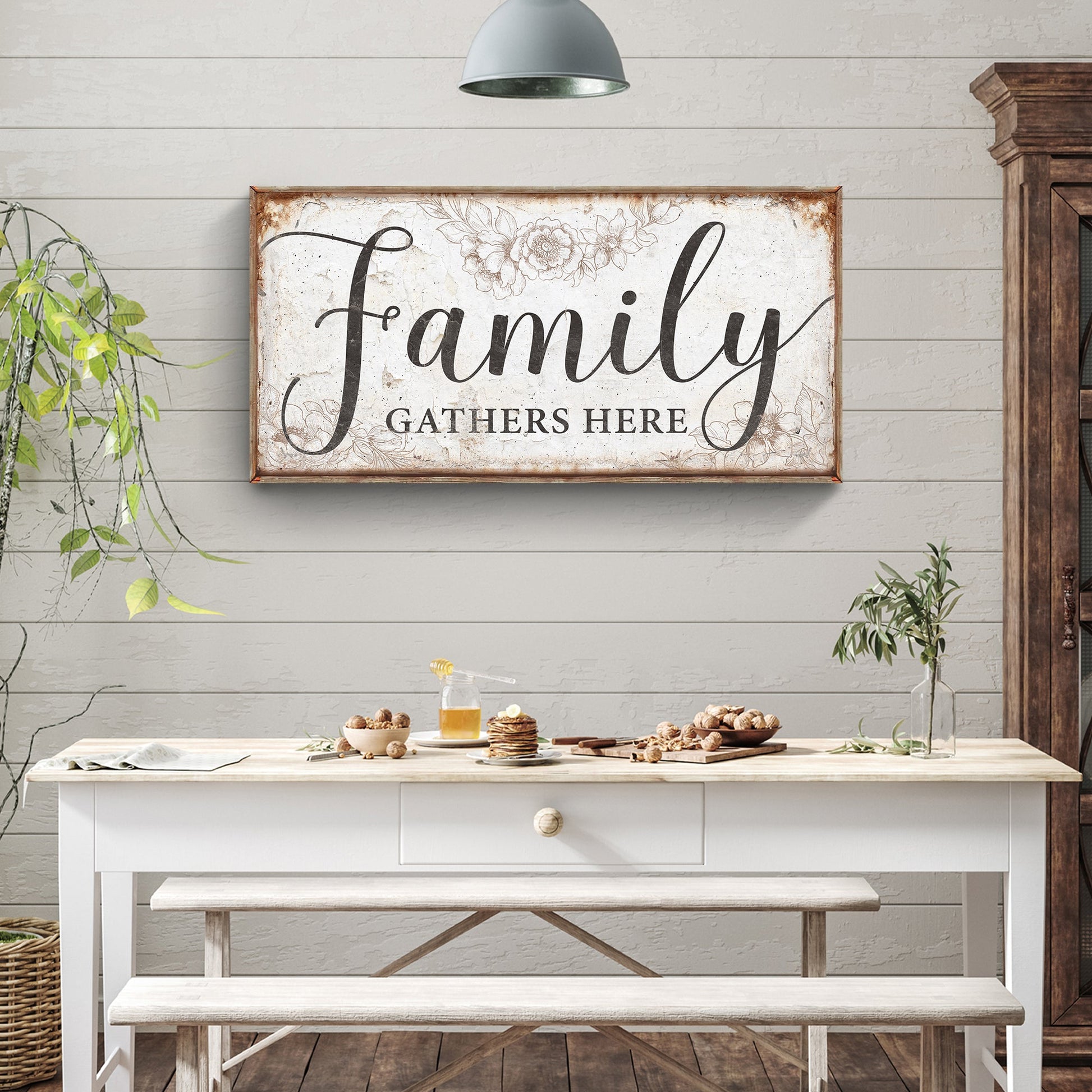 Family Gathers Here canvas sign with vintage floral border and rustic wood frame Tailored Canvases on Tampa Home & Garden Store