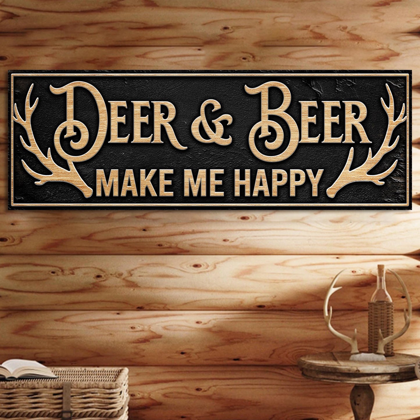 Canvas sign Deer & Beer Make Me Happy with gold lettering Tailored Canvases on Tampa Home & Garden Store