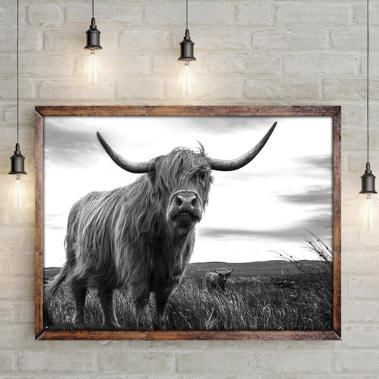 Highland cow black and white portrait canvas by Tailored Canvases, rustic wood frame on Tampa Home & Garden Store
