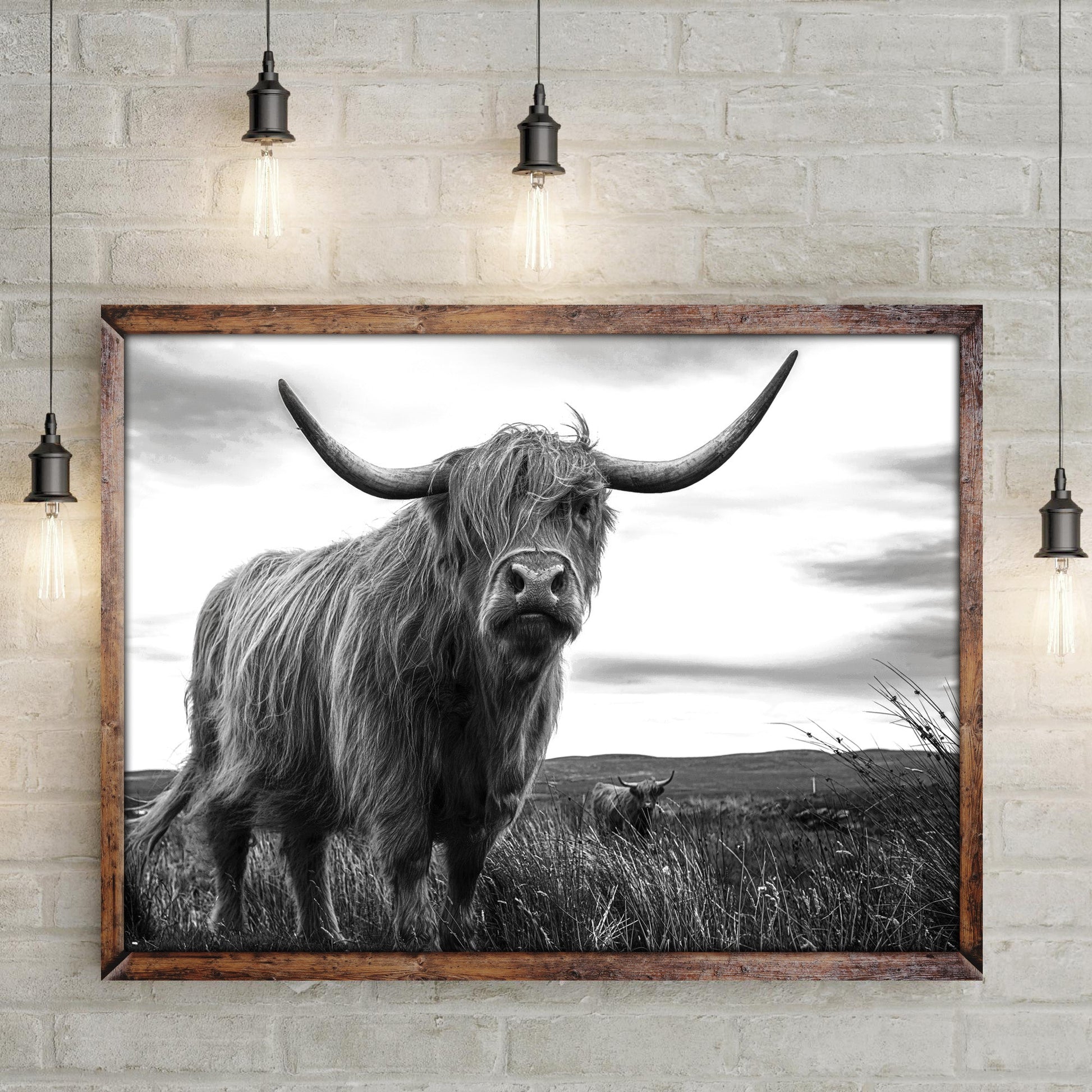 Highland cow black and white portrait canvas by Tailored Canvases, rustic wood frame on Tampa Home & Garden Store