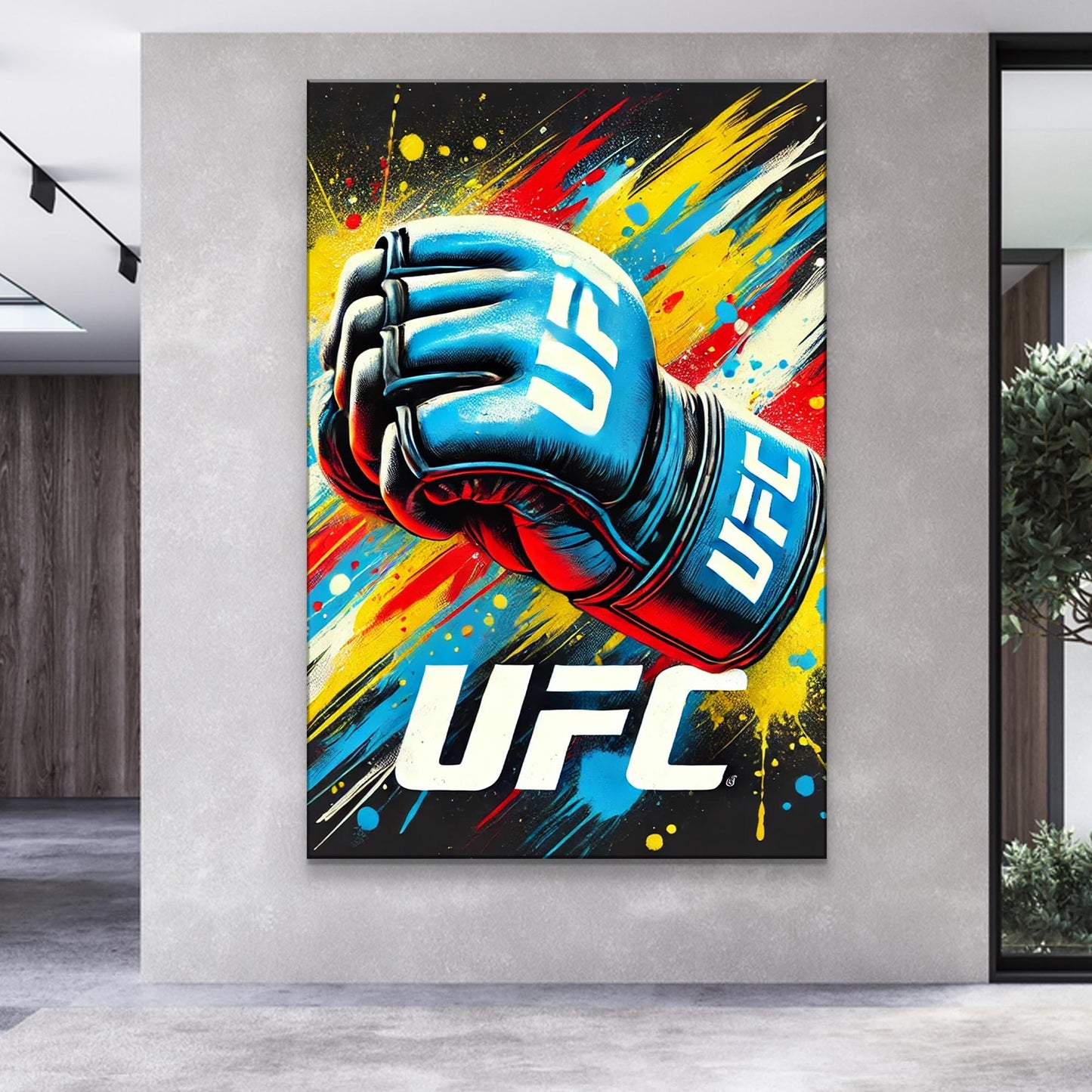 Power Strike sport wall art canvas featuring a blue boxing glove with bold color splashes on Tampa Home & Garden Store