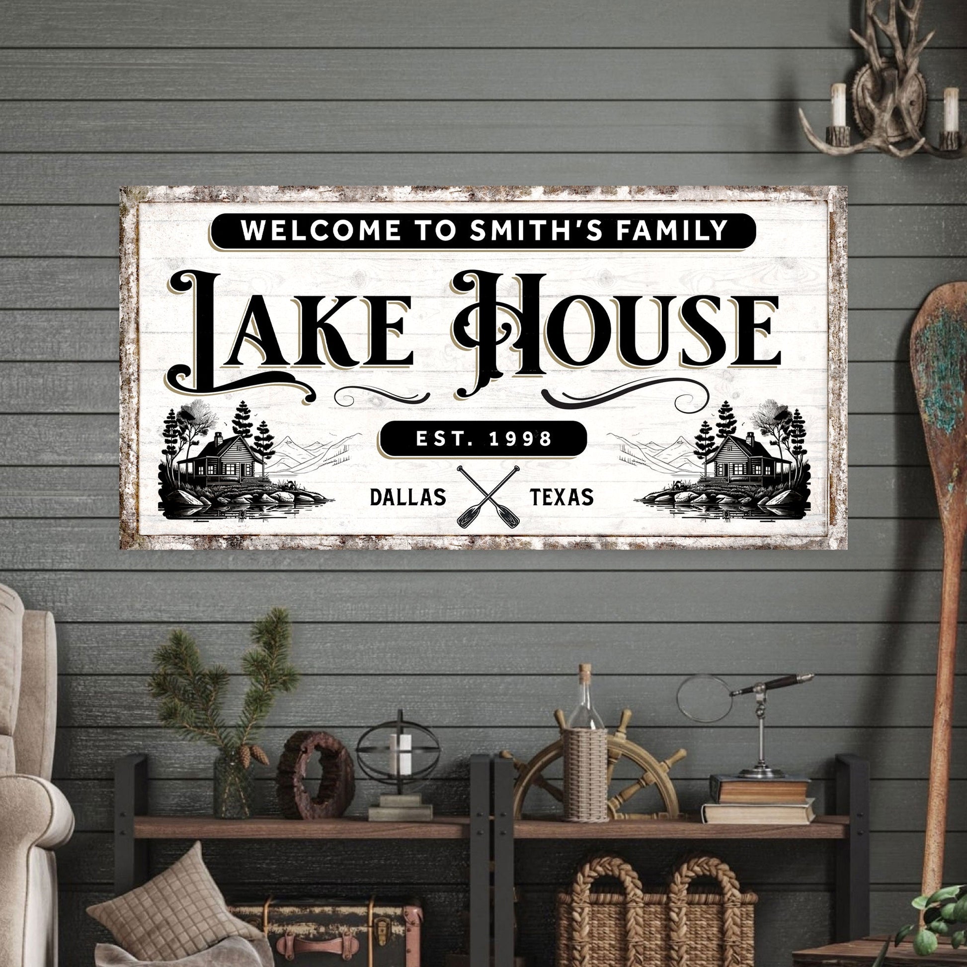 Lake House canvas sign by Tailored Canvases with bold black lettering on rustic panel on Tampa Home & Garden Store