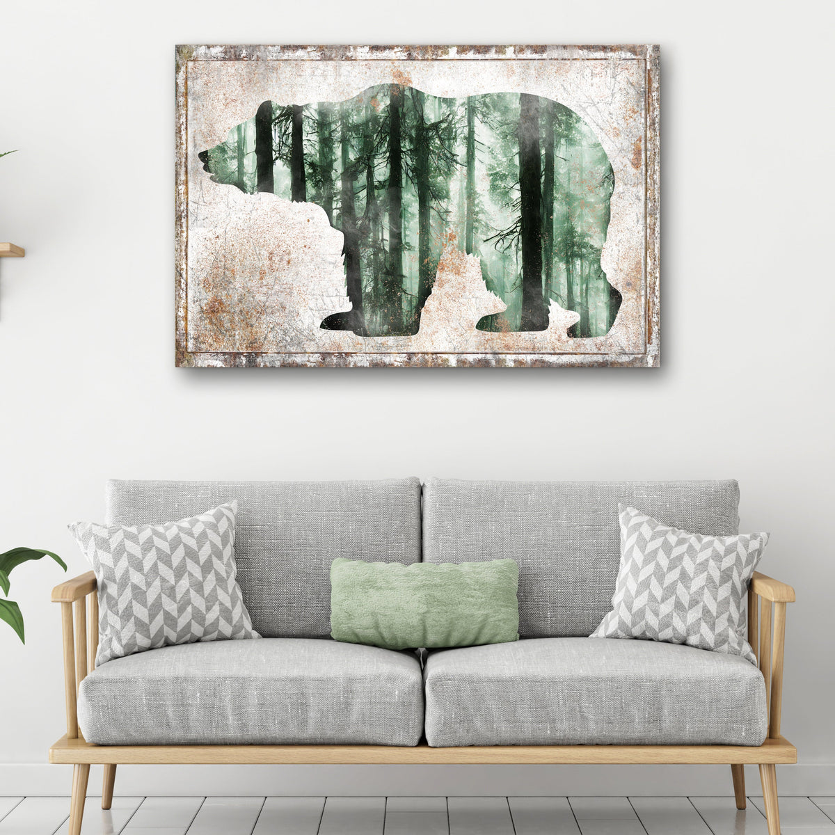 Bear silhouette Birch canvas wall art with a green forest scene, framed by Tailored Canvases on Tampa Home & Garden Store
