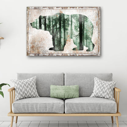 Bear silhouette Birch canvas wall art with a green forest scene, framed by Tailored Canvases on Tampa Home & Garden Store