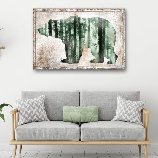 Bear silhouette Birch canvas wall art with a green forest scene, framed by Tailored Canvases on Tampa Home & Garden Store