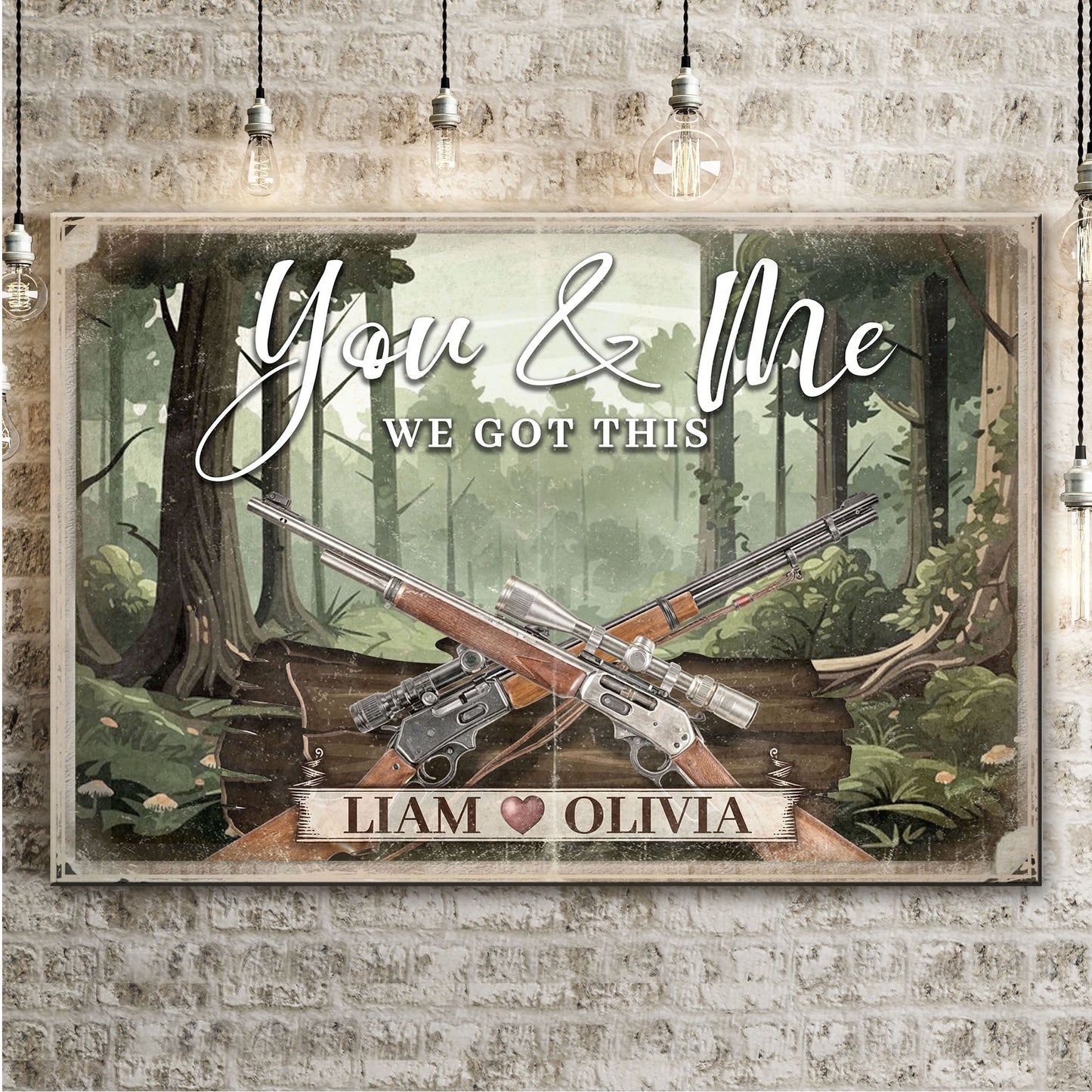 Gun themed couple sign canvas with crossing rifles and Liam Olivia banner on rustic frame on Tampa Home & Garden Store
