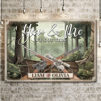 Gun themed couple sign canvas with crossing rifles and Liam Olivia banner on rustic frame on Tampa Home & Garden Store
