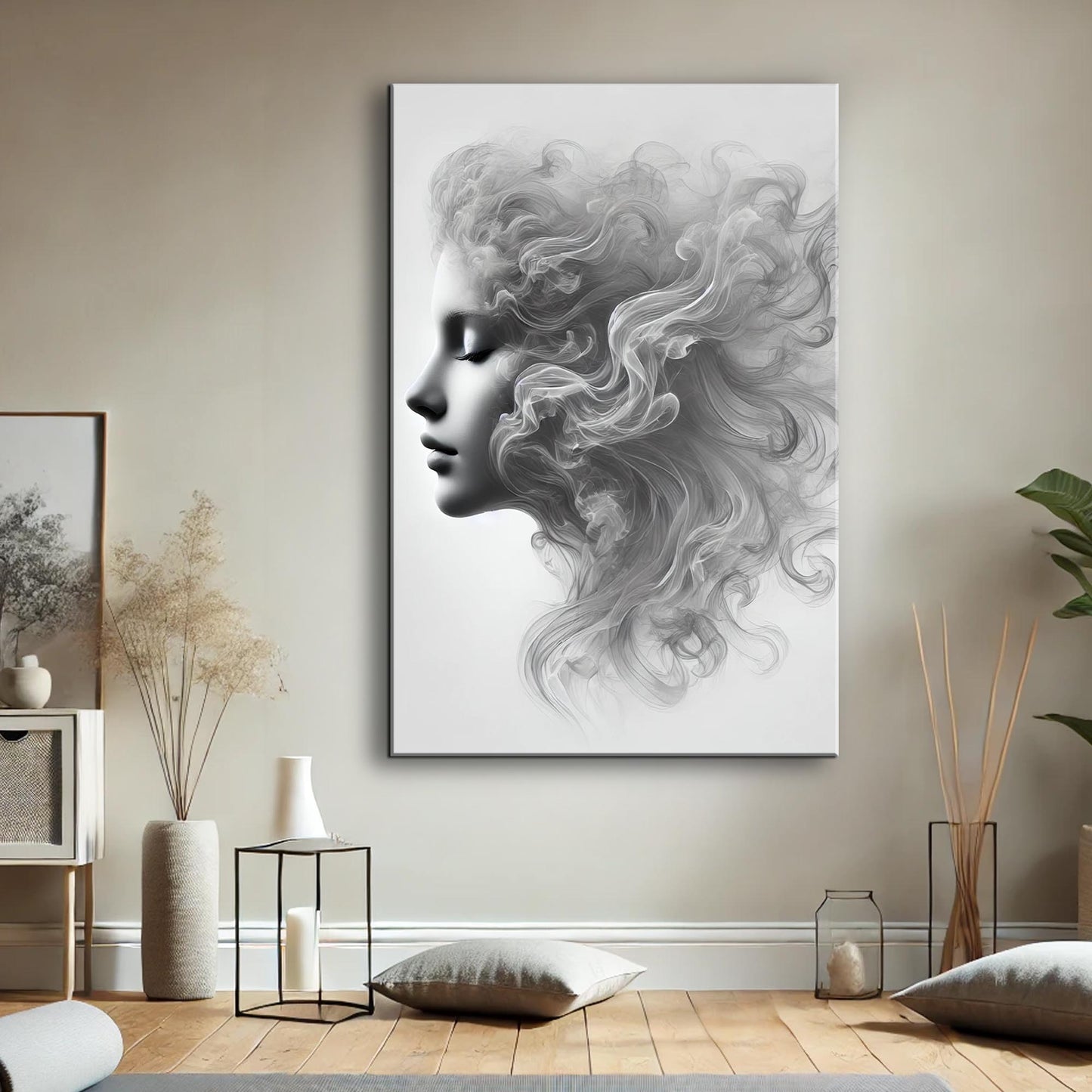 Soft Wave Beauty Wall Art canvas in grayscale with a profile and flowing hair on Tampa Home & Garden Store