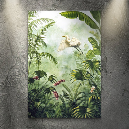 Tropical Rainforest Plants canvas wall art by Tailored Canvases with green leaves and a heron on Tampa Home & Garden Store