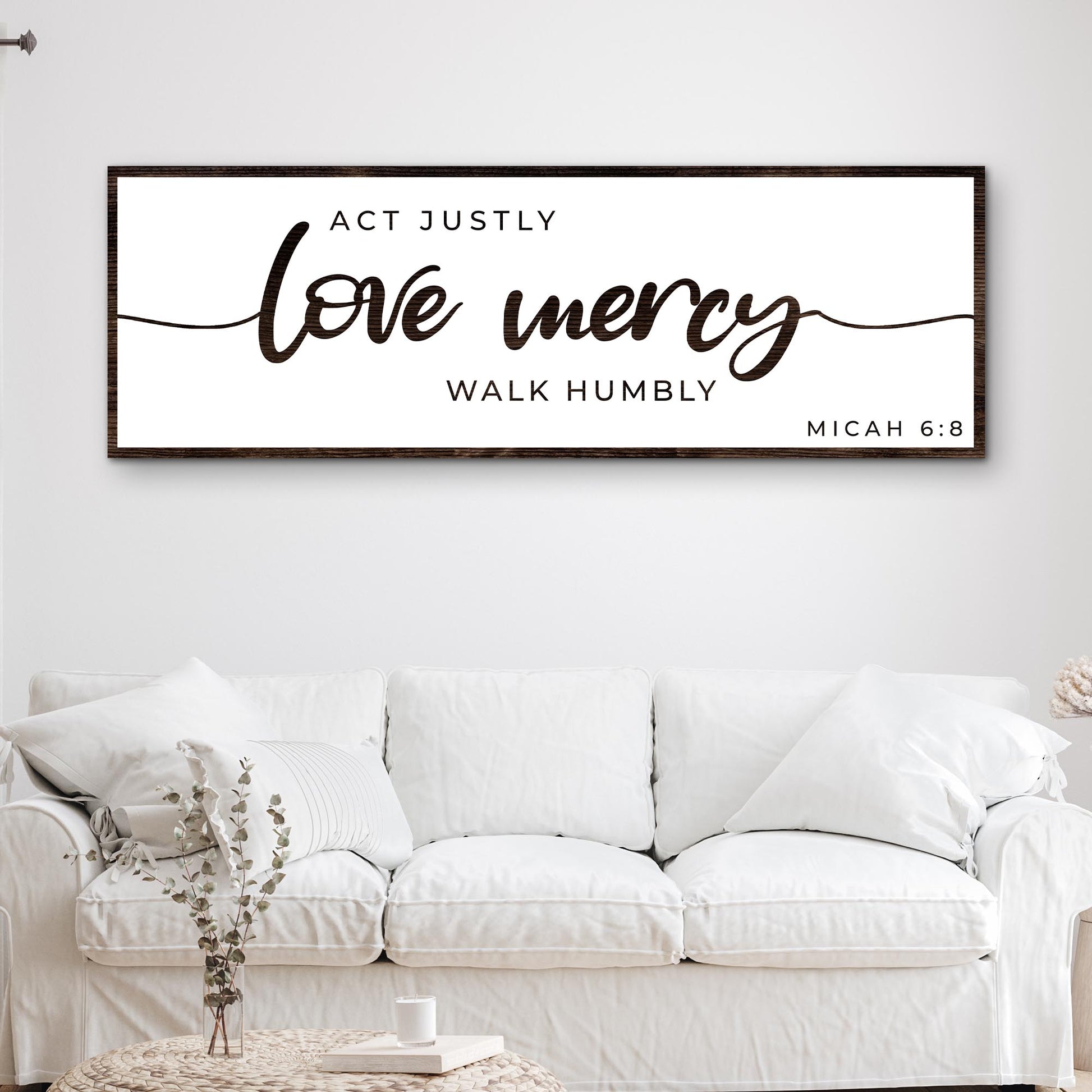Act Justly Love Mercy Walk Humbly Faith Sign III canvas framed with dark wood frame on Tampa Home & Garden Store