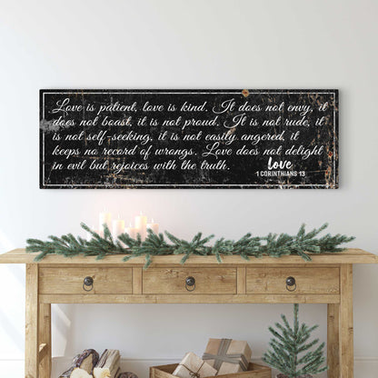 Canvas featuring 1 Corinthians 13 verse in white cursive on black background Tailored Canvases on Tampa Home & Garden Store
