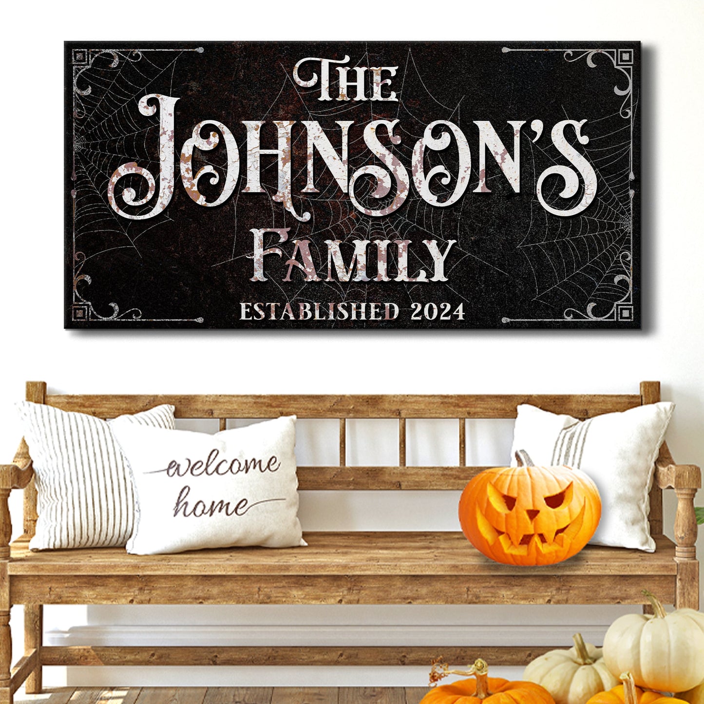 Personalized Gothic Sign canvas by Tailored Canvases with distressed white lettering on Tampa Home & Garden Store
