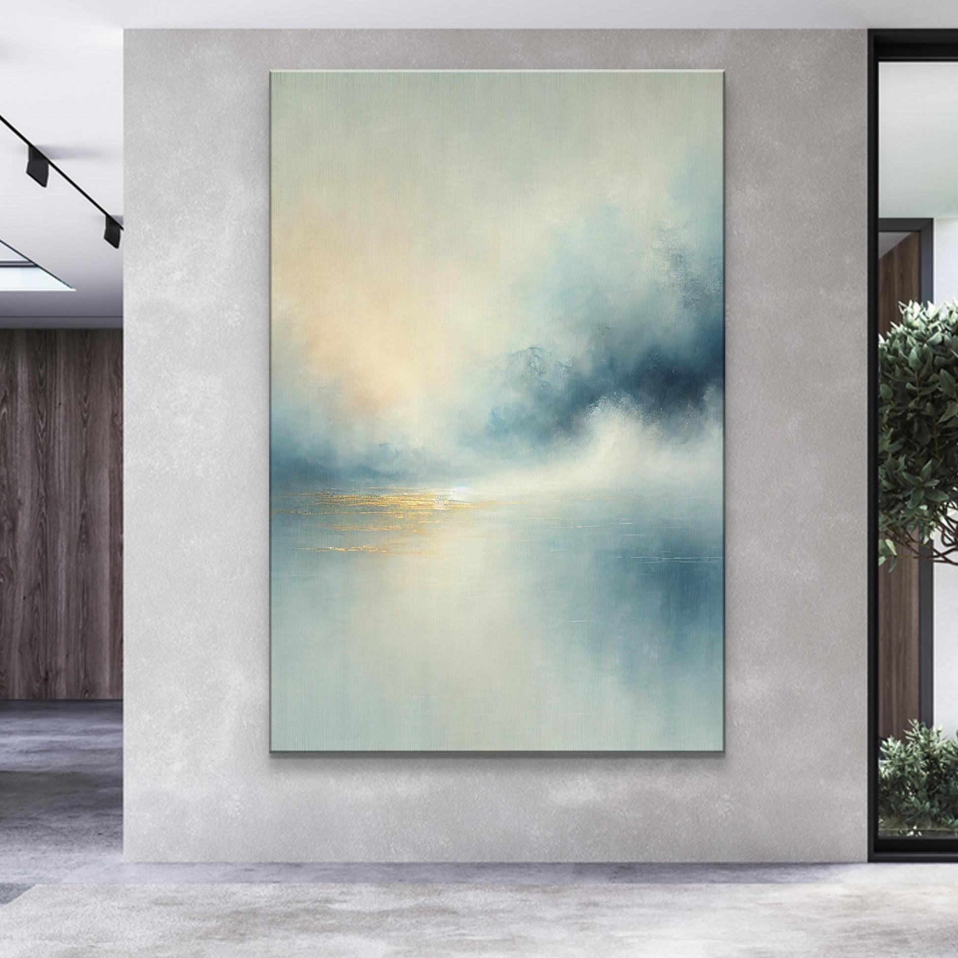 Abstract Calm Glow Wall Art canvas by Tailored Canvases in soft teal beige gradient on Tampa Home & Garden Store