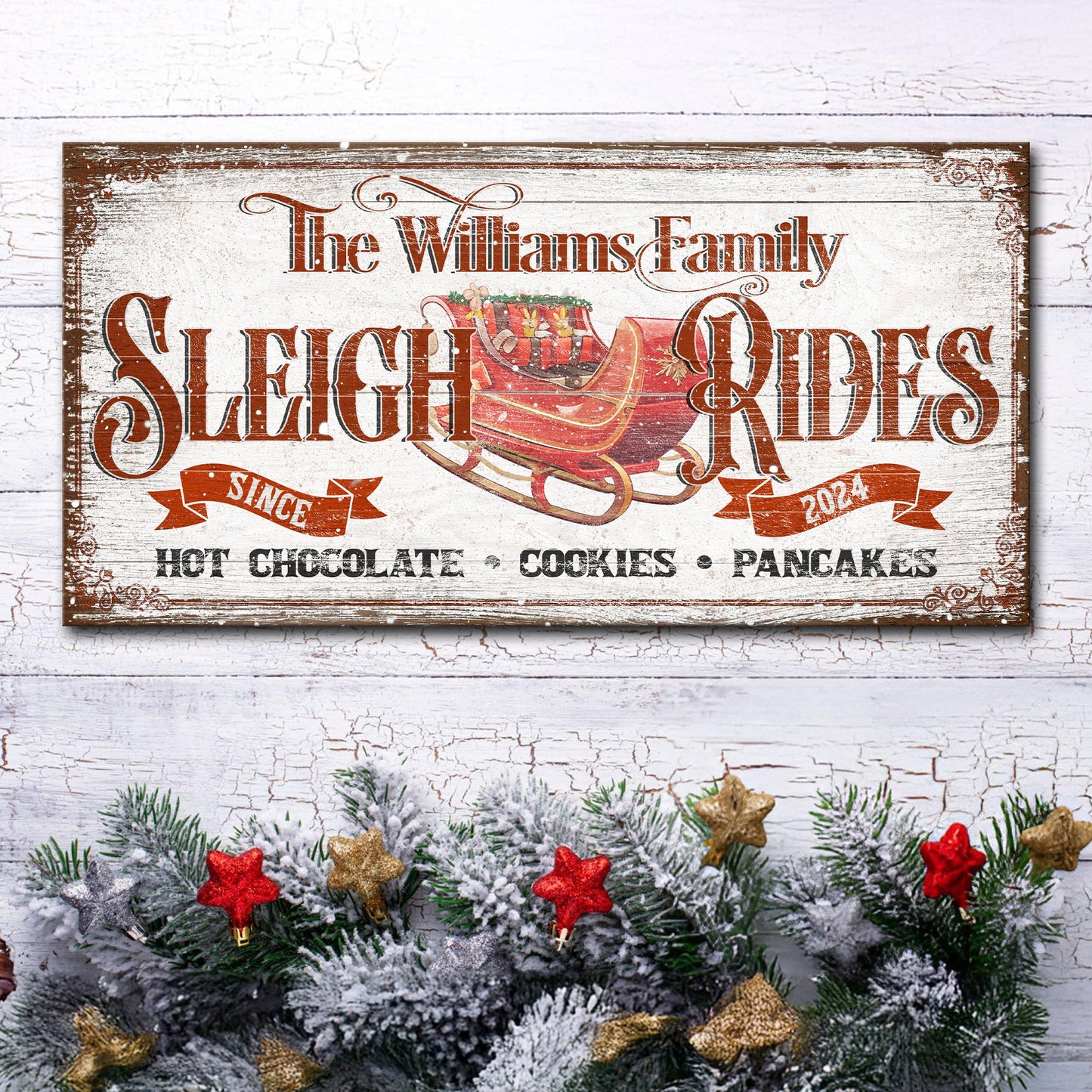 Canvas sign Sleigh Rides Christmas V by Tailored Canvases, rustic wood backdrop on Tampa Home & Garden Store