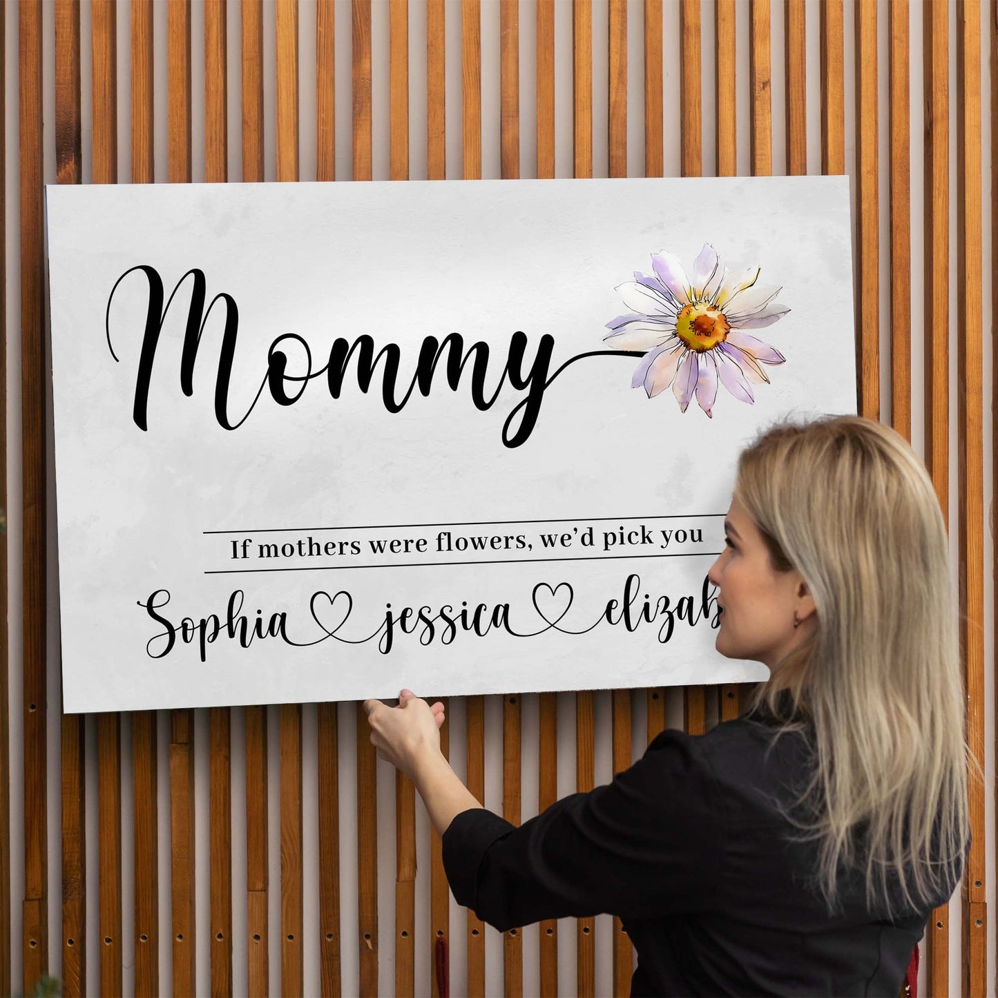 Canvas sign Tailored Canvases for Mother's Day with large Mommy script and purple flower on Tampa Home & Garden Store