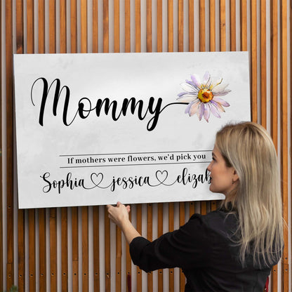 Canvas sign Tailored Canvases for Mother's Day with large Mommy script and purple flower on Tampa Home & Garden Store