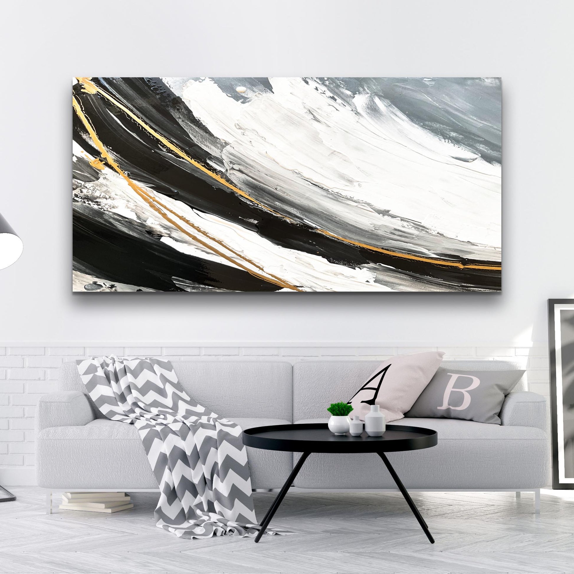 Modern Abstract Shadows Canvas by Tailored Canvases in black white gray with gold accents on Tampa Home & Garden Store