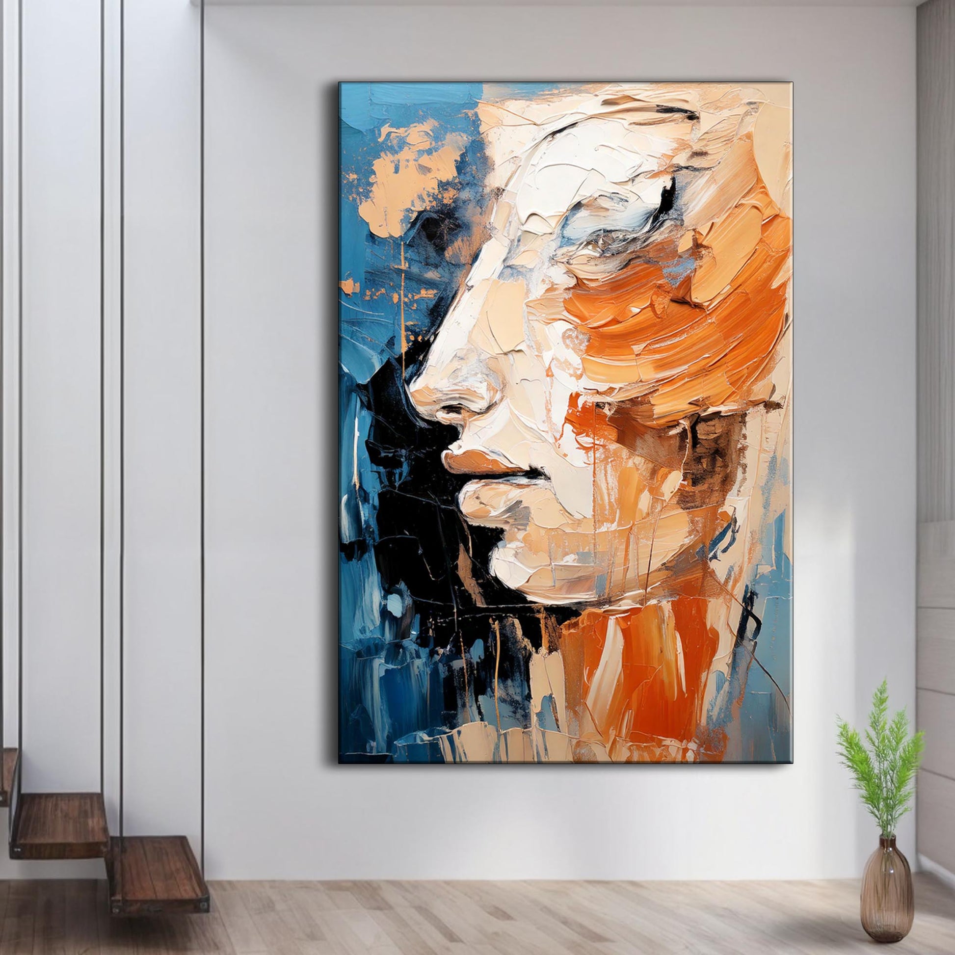 Modern Brush Stroke Abstract Wall Art canvas in blue orange cream impasto on Tampa Home & Garden Store