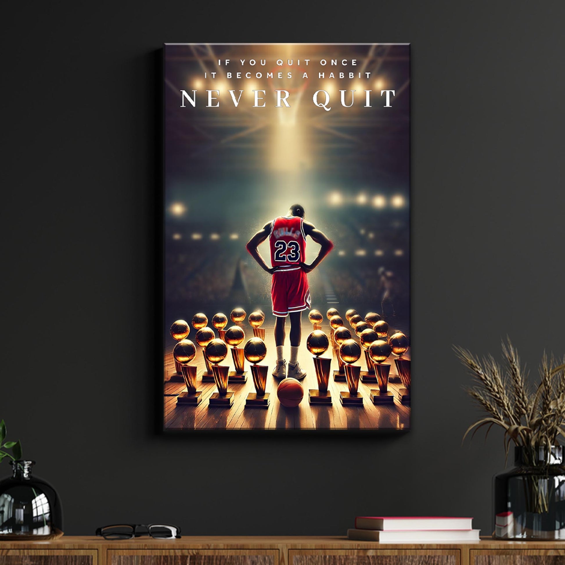 Never Quit sport wall art canvas by Tailored Canvases, basketball player 23 with dramatic trophy backdrop on Tampa Home & Garden Store